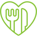 fork and knife in a heart-shaped icon representing the enjoyment of tasty and healthy meals
