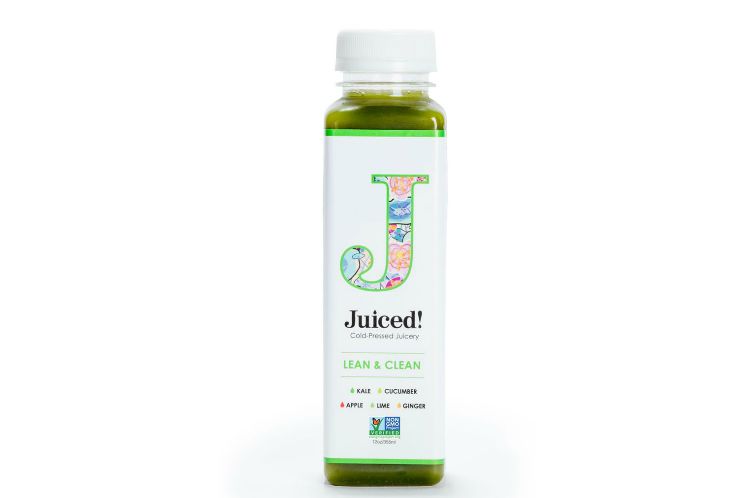 Lean and Clean cold-pressed green juice bottle with kale, apple, cucumber, lime and ginger.