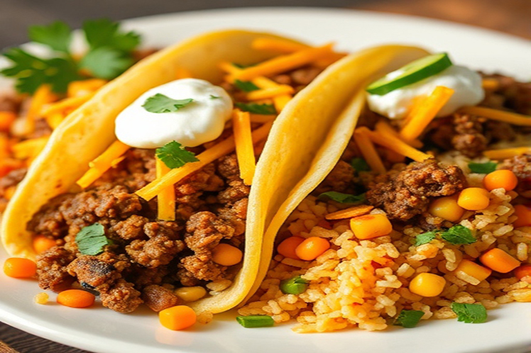 Beef tacos topped with cheddar and sour cream, served with Mexican rice and sweet corn.
