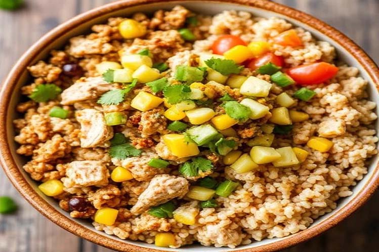 Ground turkey taco bowl with corn poblano salsa over brown rice.