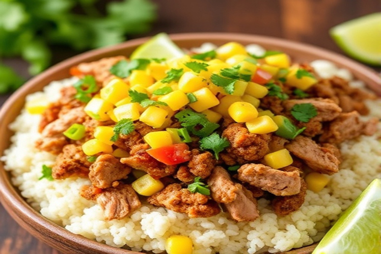 Low carb ground turkey taco bowl with corn salsa over cauliflower rice.