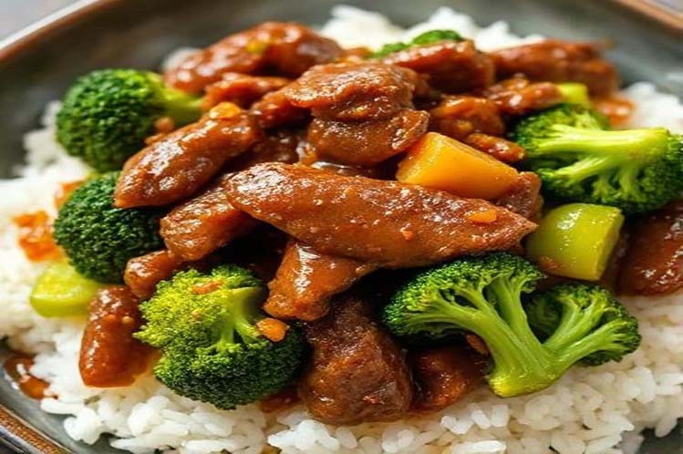 Beef and broccoli stir-fry in a savory dark sauce.