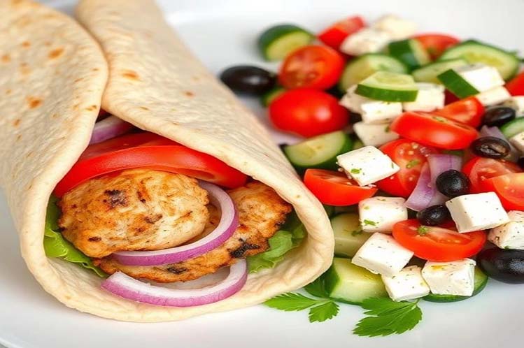 Chicken gyro wrapped in pita bread with tzatziki, fresh vegetables and a Greek salad from Meal Village.