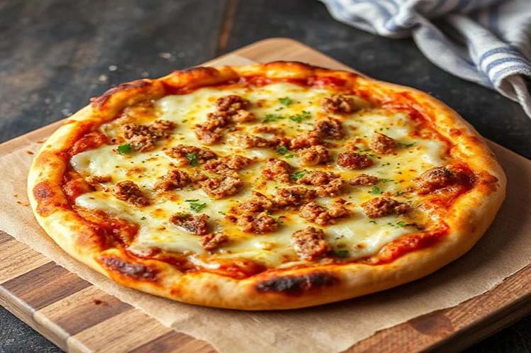 Whole sausage pizza with melted mozzarella and tomato sauce on a crisp crust.