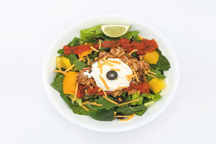 Grilled chicken taco salad bowl with lettuce, cheese, peppers and salsa.