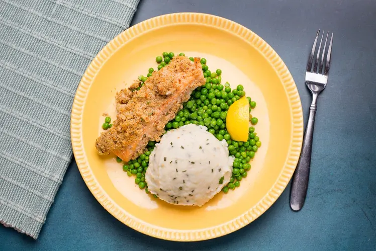 low salt roasted salmon with Dijon breadcrumbs highlighting Meal Village's low sodium prepared meal delivery services