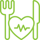 Icon of a fork and knife with a heart and pulse line, depicting healthy meal options for various diets