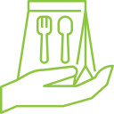 Icon of a hand holding a food bag with a printed fork and knife, representing daily delivery of chef-prepared meals