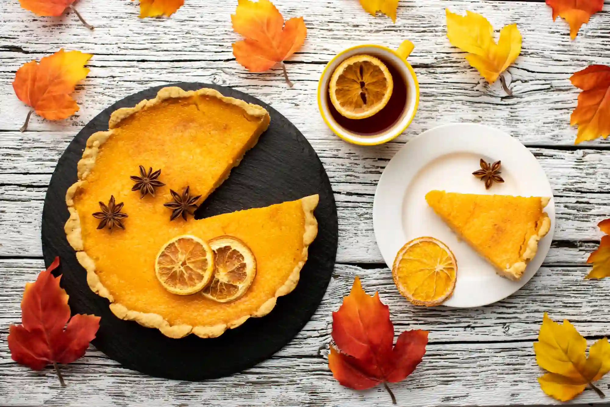 Top view of a pumpkin pie garnished with dried orange slices and star anise, alongside a cup of tea and autumn leaves