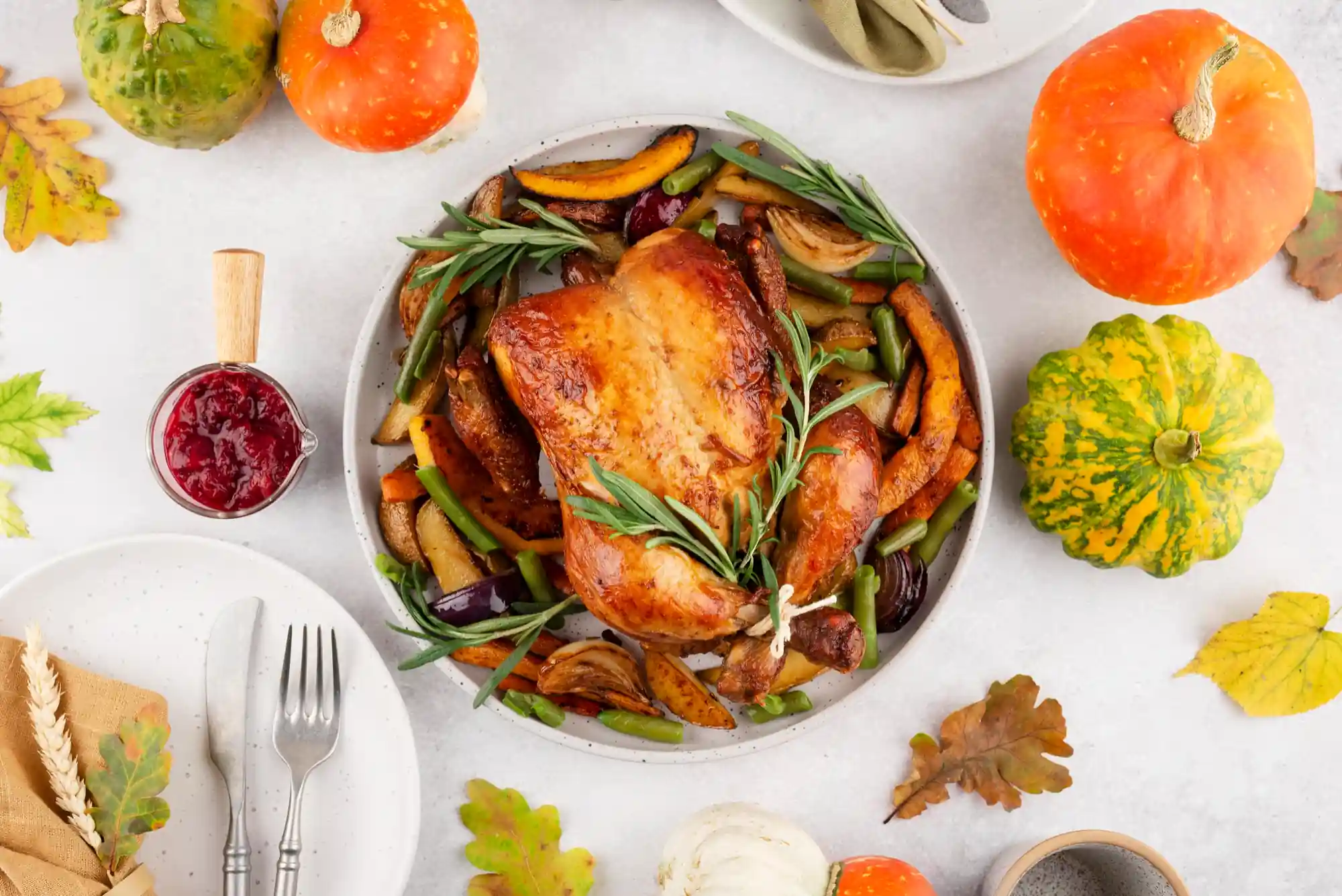 Roasted Thanksgiving turkey with vegetables on a platter, garnished with fresh herbs