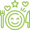 Icon of a smiling plate with fork and knife, surrounded by hearts and a star, representing delicious and high-quality pre-cooked Thanksgiving meals