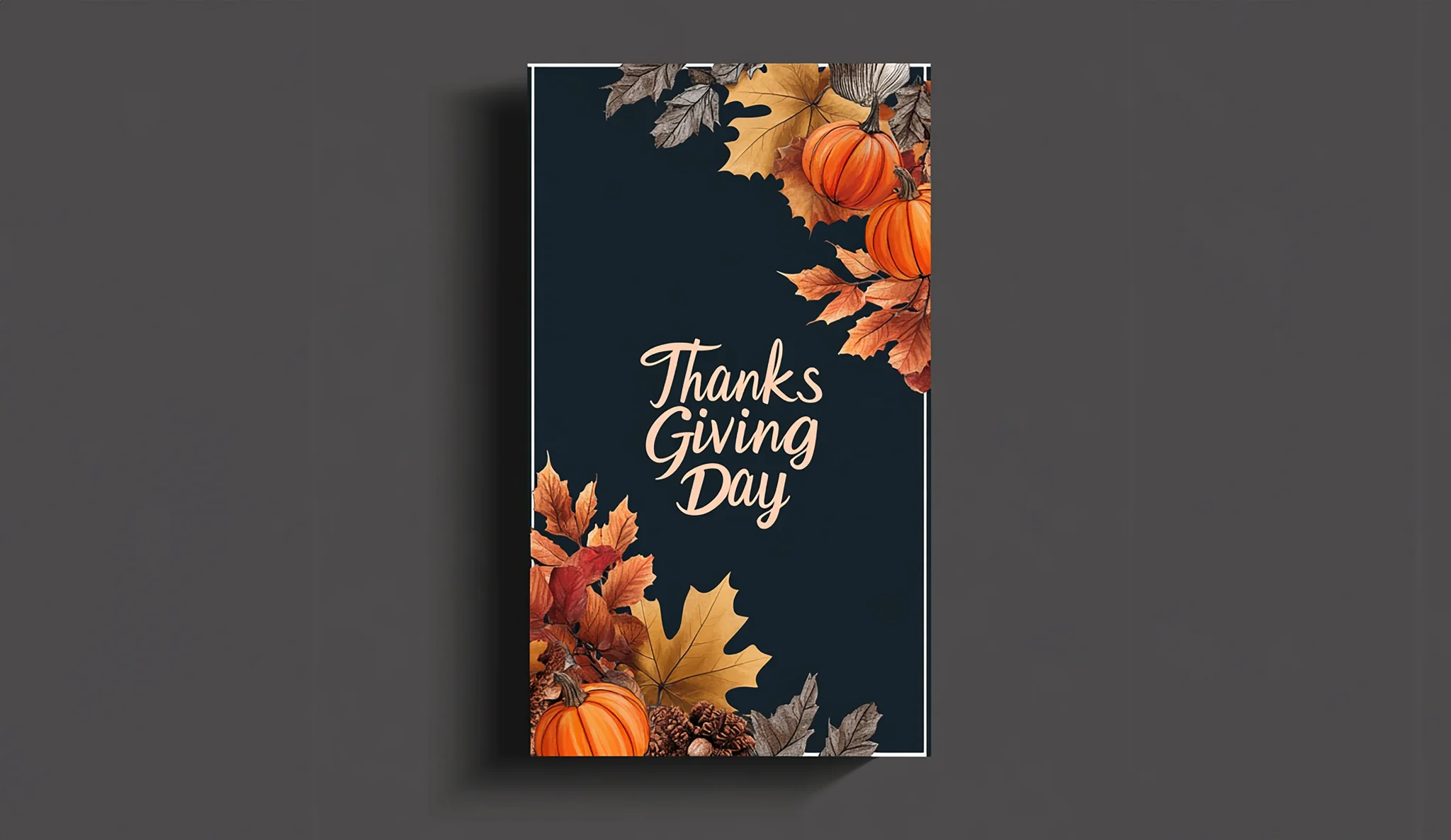 Thanksgiving greeting card featuring autumn leaves, pumpkins, and the words Thanks Giving Day on a dark background